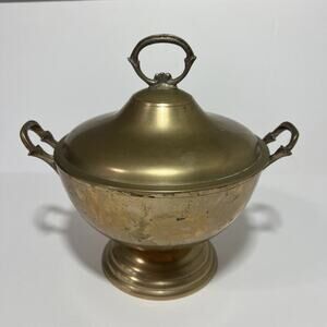 Vintage Antique Korean Round Brass 10" Soup Tureen Urn Flower Vase Handles‎